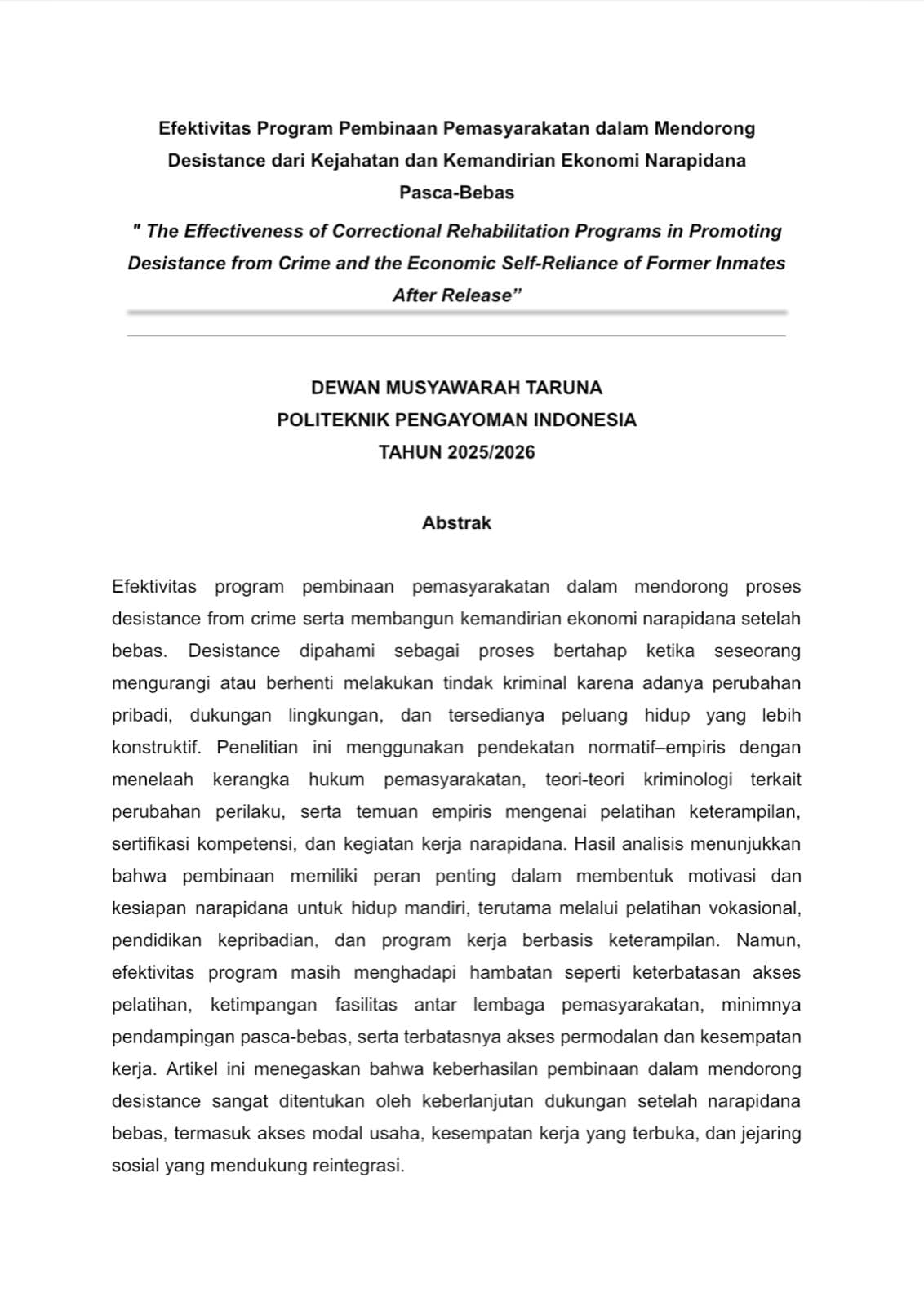 LAPORAN KEGIATAN PROGRAM PENELITIAN RUTIN ISU STRATEGIS PEMASYARAKATAN DAN KEMIGRASIAN (PRISMA) DEMUSTAR PERIODE 2025/2026
